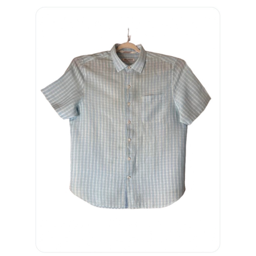 Tommy Bahama Sand Linen Plaid Short Sleeve Button Down Shirt Blue Size Large